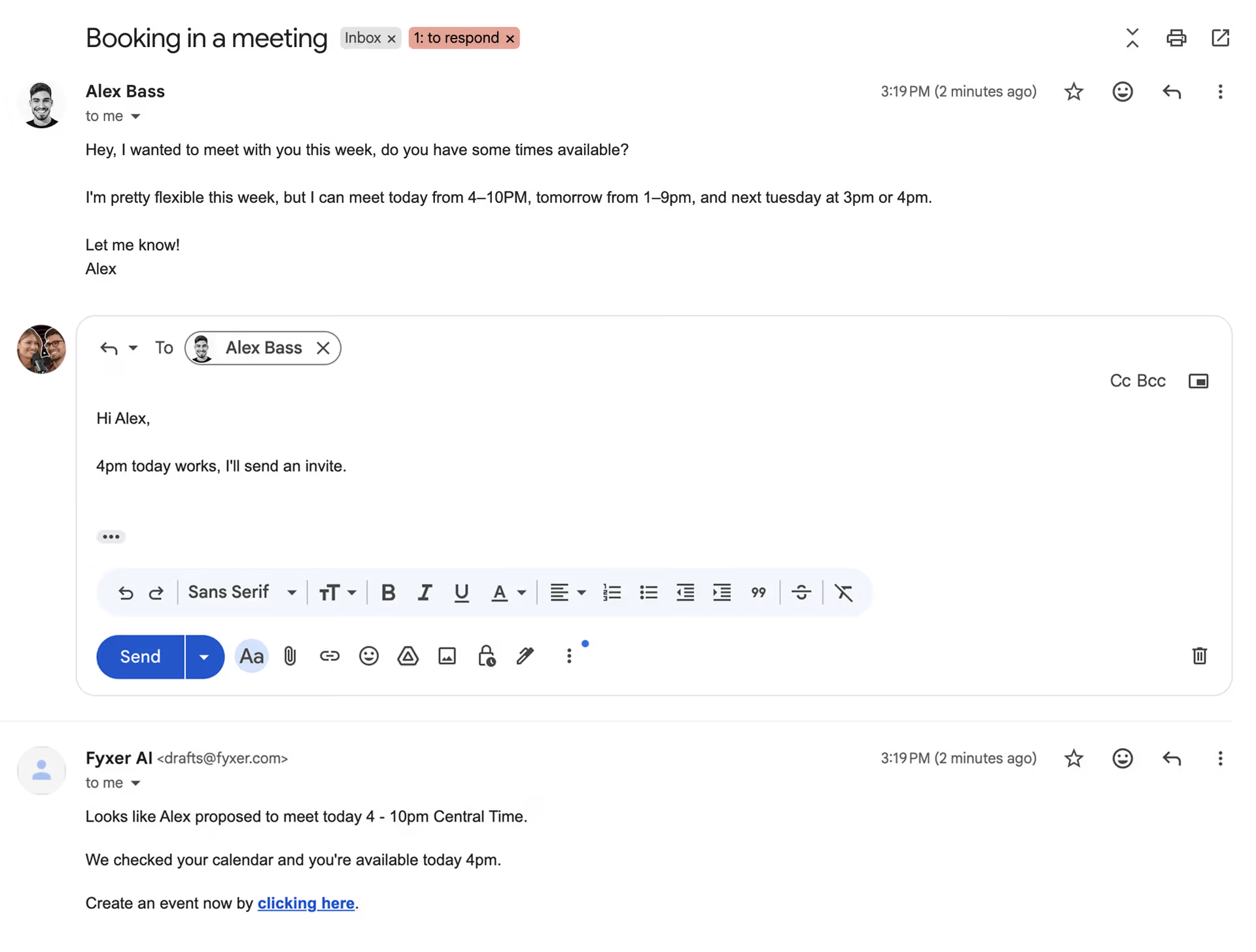 Fyxer AI generating an AI-generated email draft to confirm a meeting time