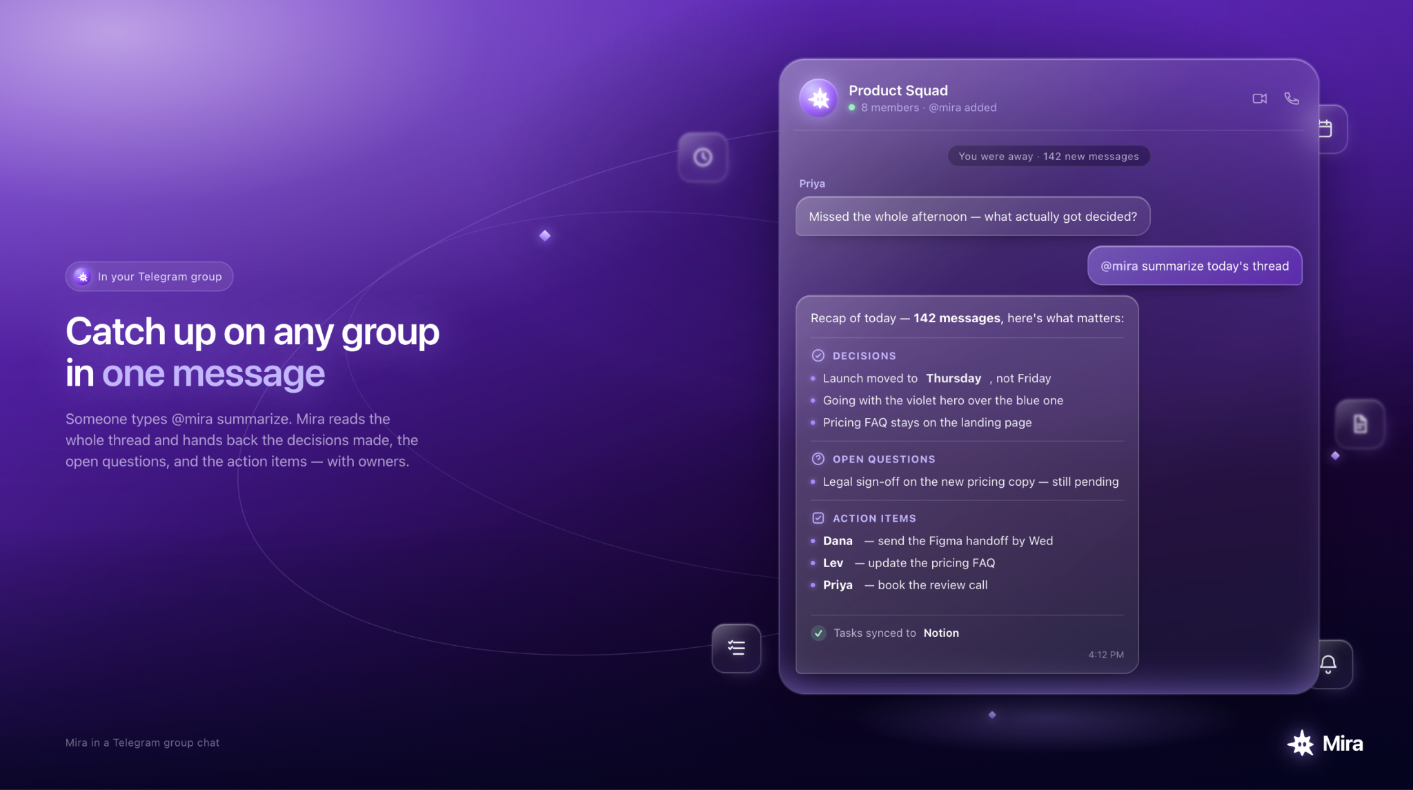 Mira acts as a Team Agent in Telegram group chats