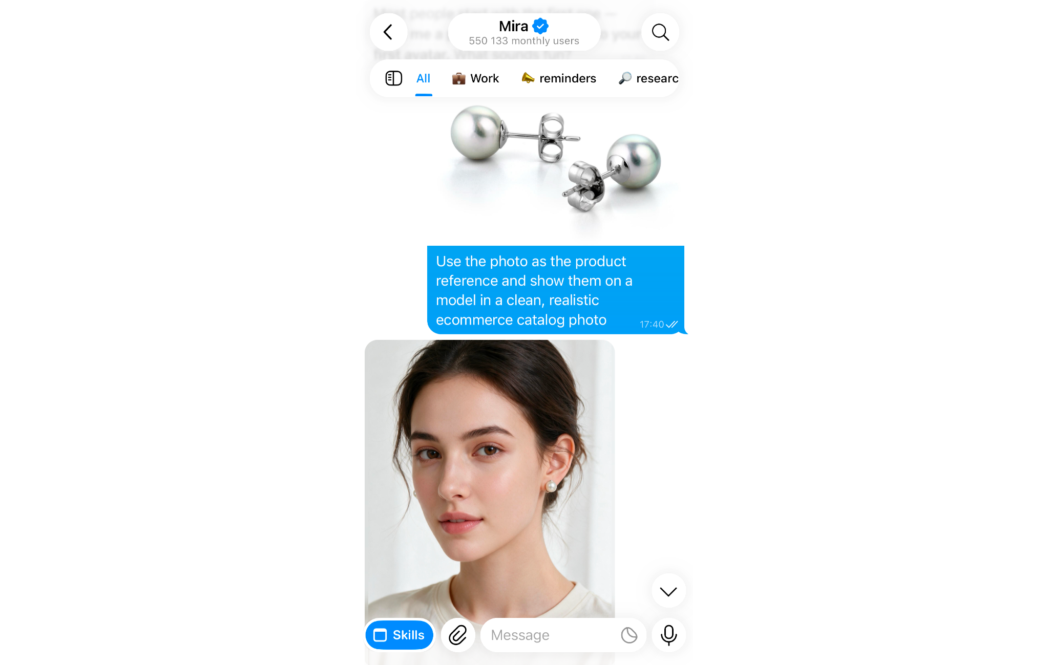 Mira can use provided image to generate an avatar, product shots on models, and more