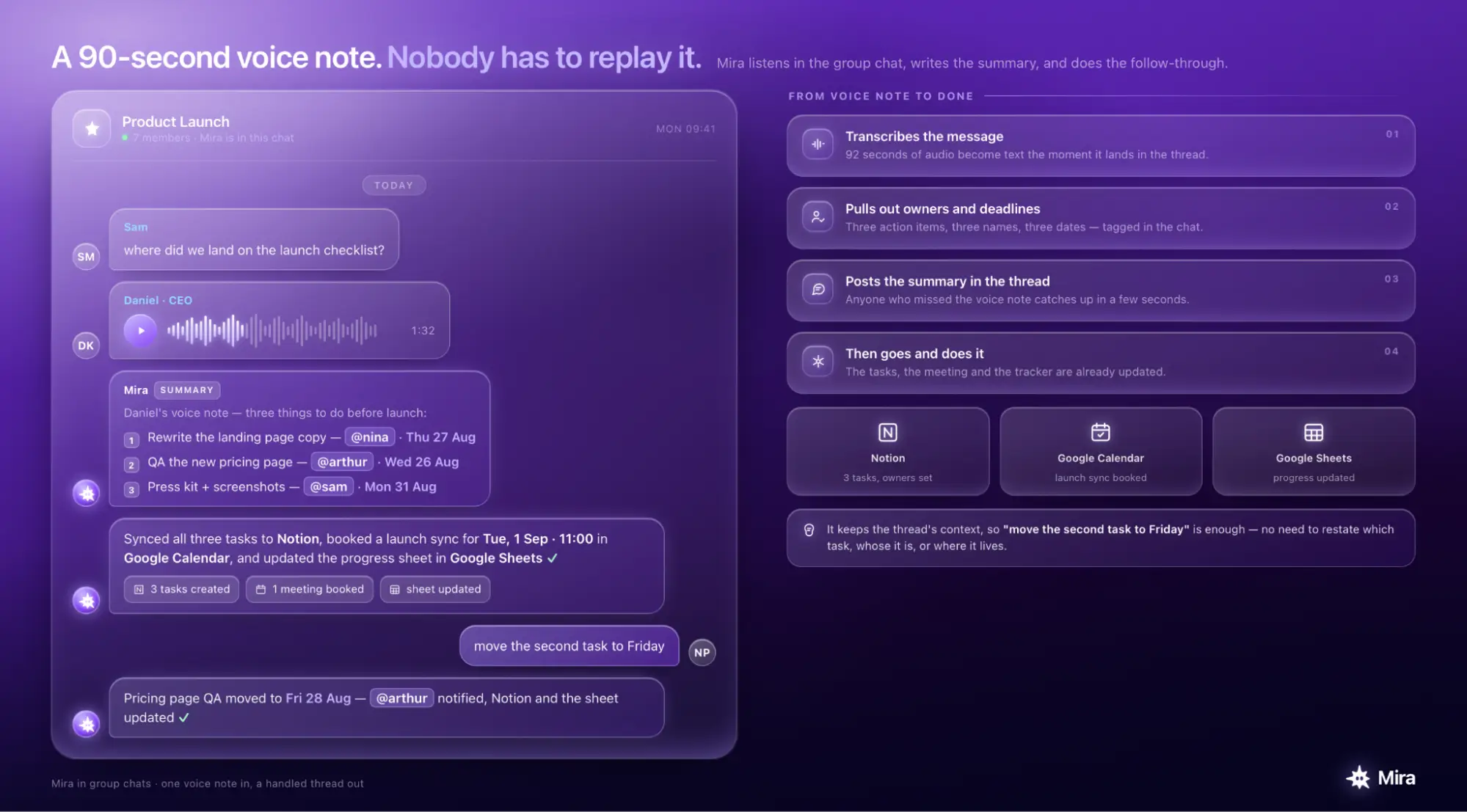 Mira turns voice notes in group chats into tasks and summaries