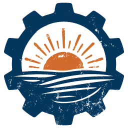 Logo featuring a rising sun over waves inside a blue gear shape.