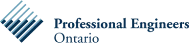 Logo de Professional Engineers Ontario avec parallélogramme bleu stylisé et texte.