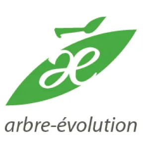 Logo of arbre-évolution featuring a stylized green leaf with a white intertwined 'ae' and green hand holding a small leaf above it.