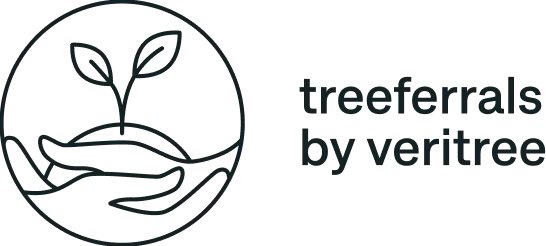Logo of a hand holding soil with a small plant sprouting, next to the text 'treeferrals by veritree'.