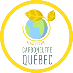Certification badge with a globe and two yellow leaves, labeled 'Certifié Carbonneutre Québec' inside a yellow circular border.