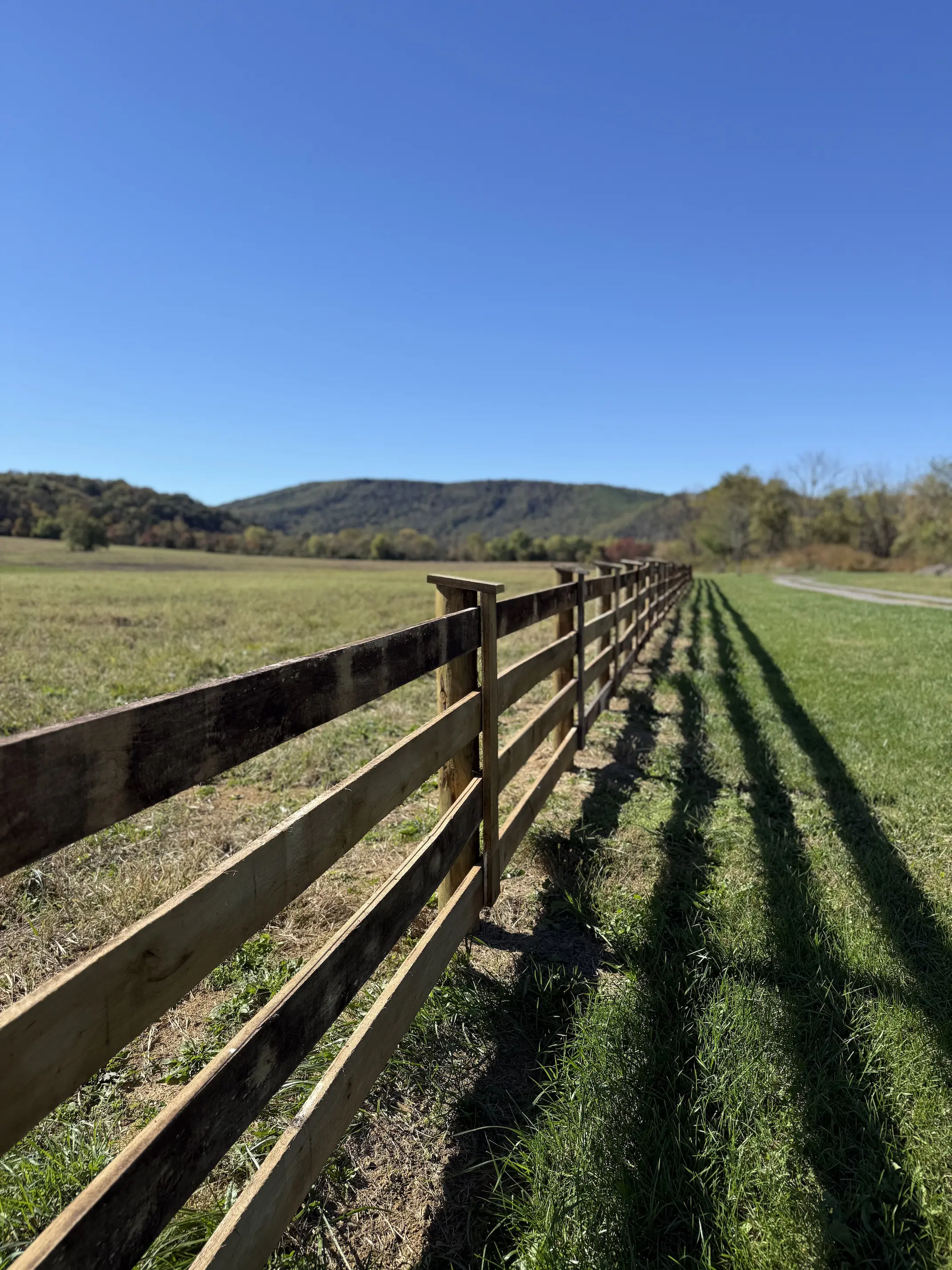 Wooden fence casting long shadows over green grass with hills and clear blue sky in the background.