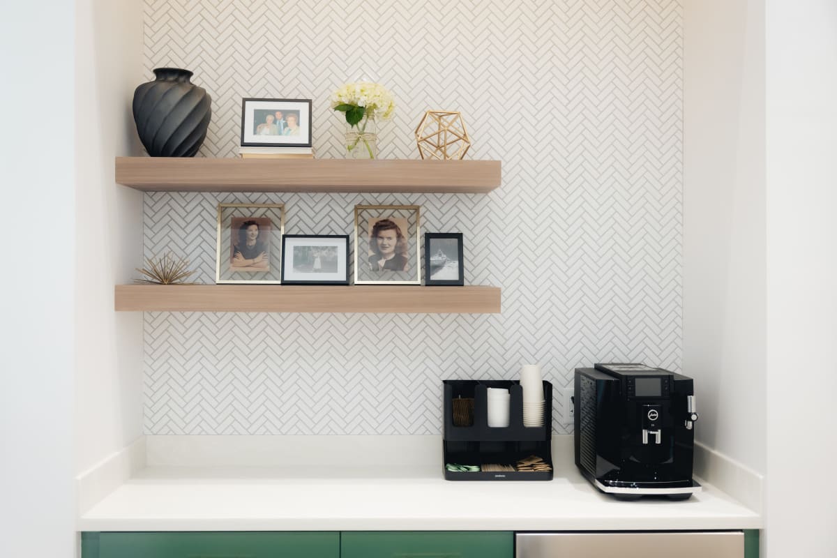 Modern dental office reception area with organized shelving displaying dental models and equipment