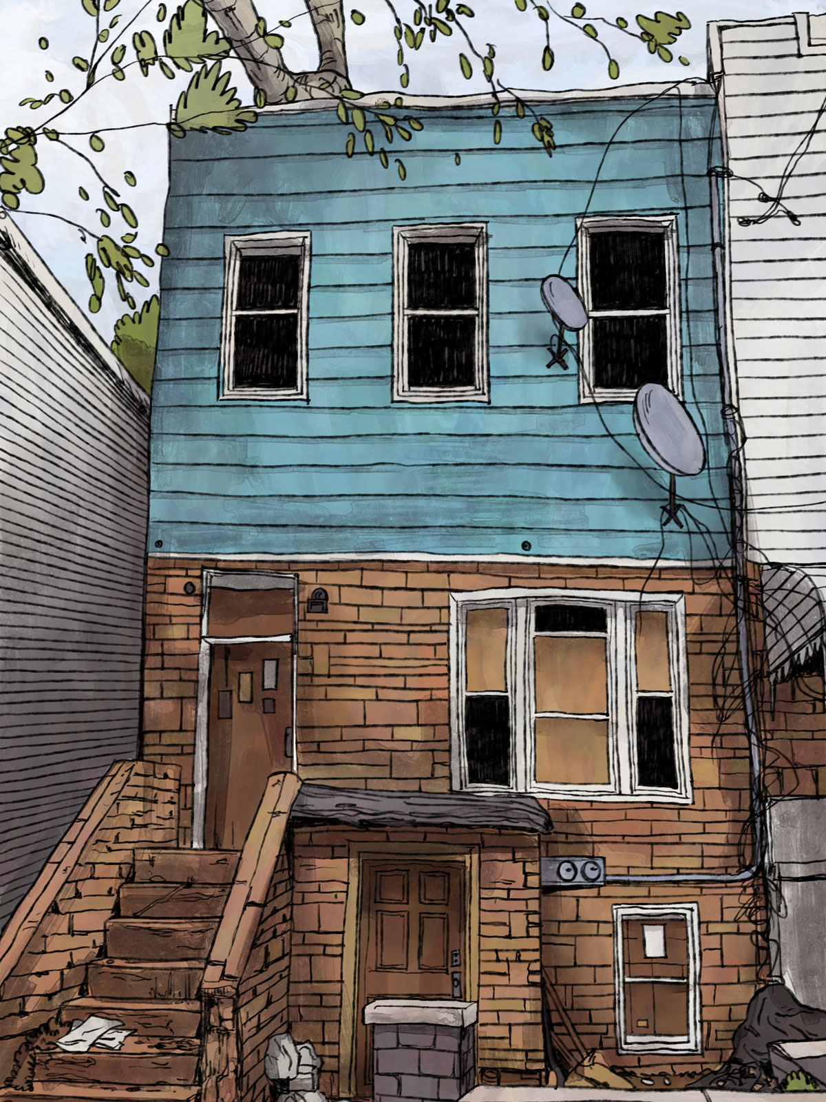 Digital illustration of a blue apartment building by Nicole Collado.