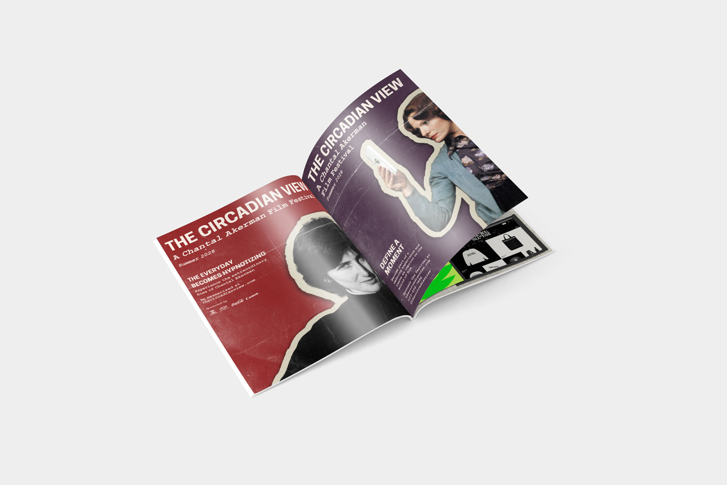 Image 5 from Nicole Collado's fictional advertising campaign promoting a film festival for the films of Chantal Akerman. A mockup of the magazine advertisements.