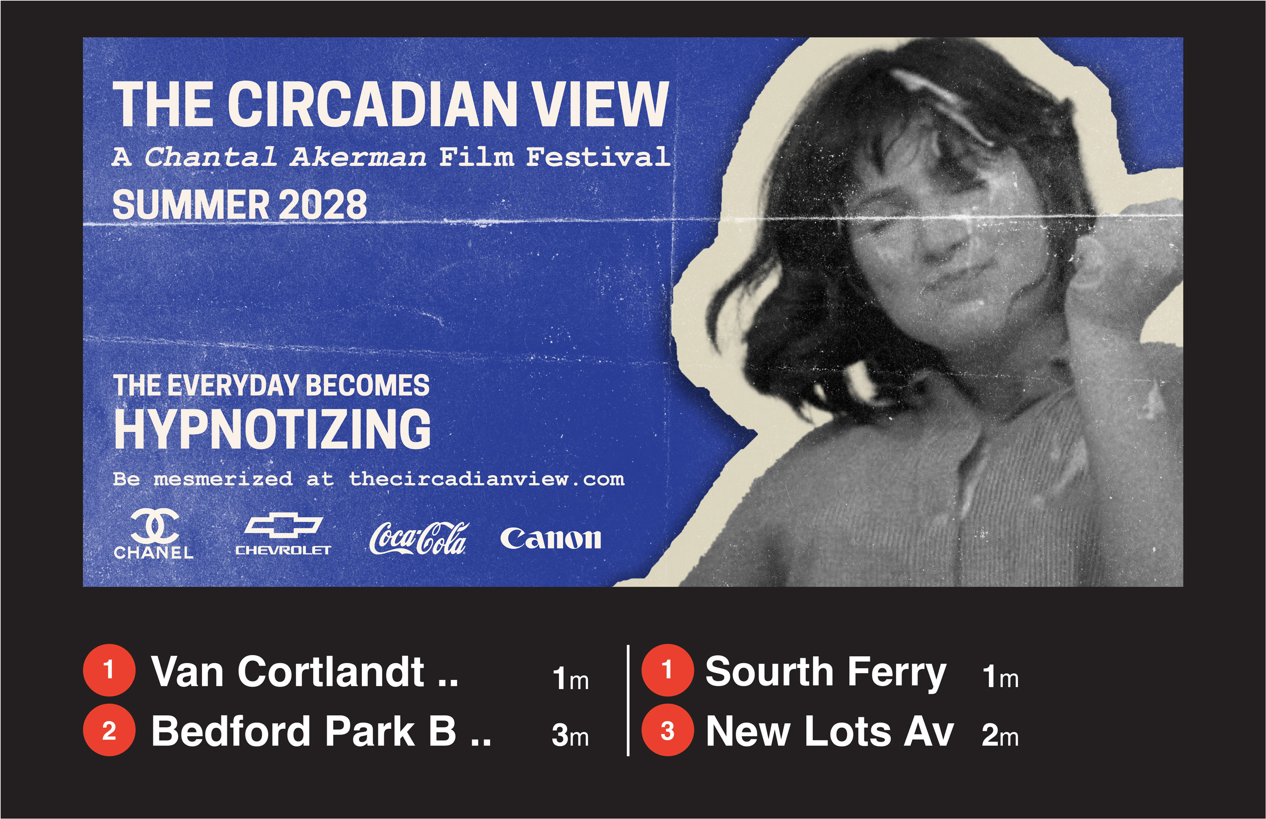Image 10 from Nicole Collado's fictional advertising campaign promoting a film festival for the films of Chantal Akerman. Digitial urban panels in New York City.