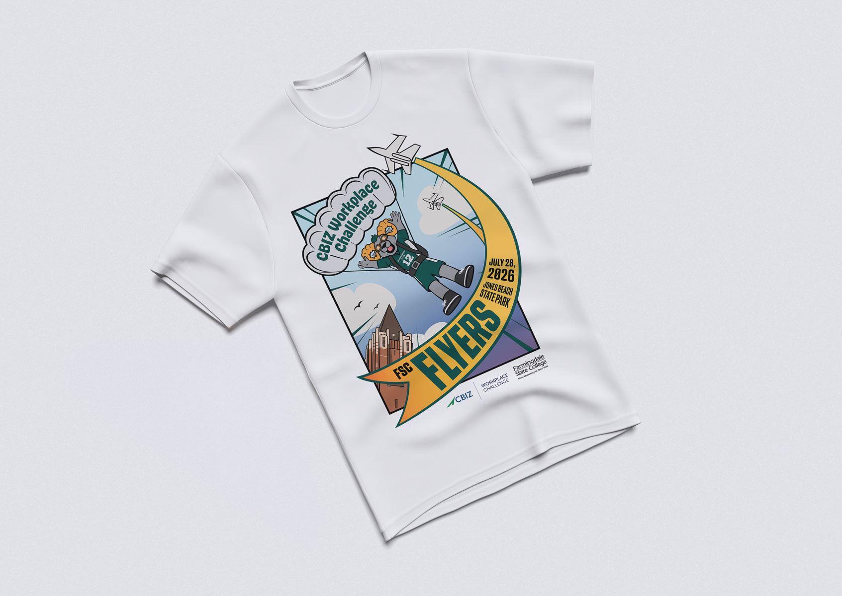 A mockup of the CBIZ Workplace Challenge shirt design featuring Ram-Bo, Farmingdale State College's mascot.