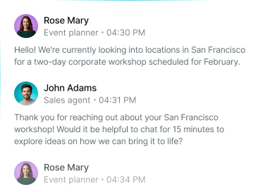 Chat conversation between Rose Mary, event planner, and John Adams, sales agent, discussing event locations in San Francisco for a corporate workshop in February.