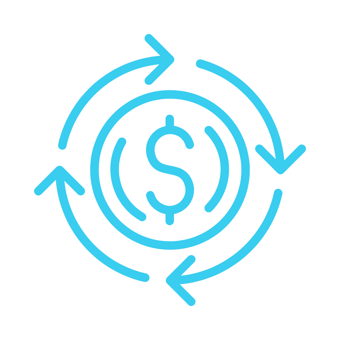 Blue dollar sign enclosed by circular arrows indicating continuous money flow or no transaction limits.