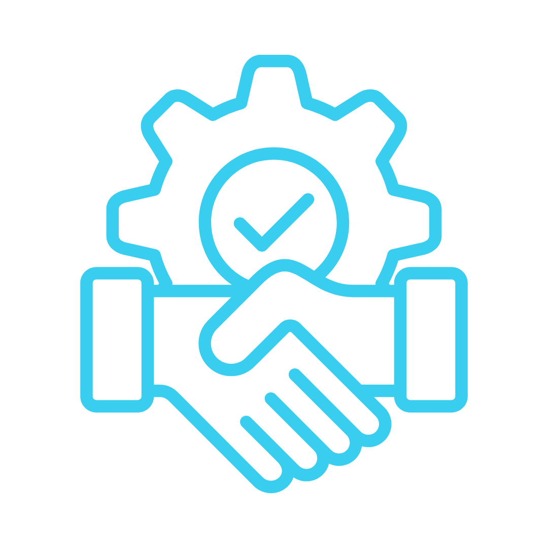 Blue line icon of a user profile document behind handshake representing fast onboarding.
