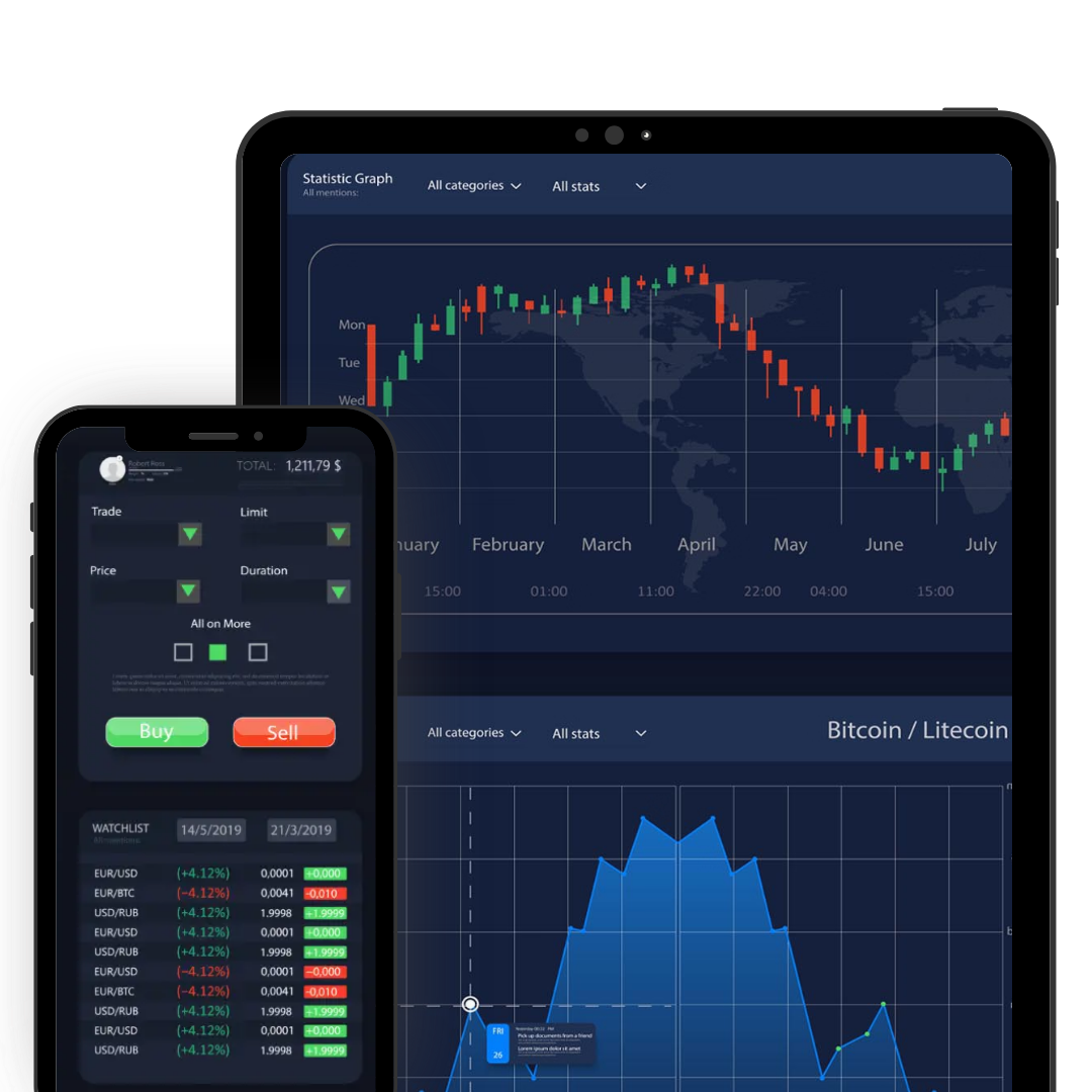 Tablet and smartphone screens showing digital trading graphs, charts, and a buy/sell interface with price and duration options.