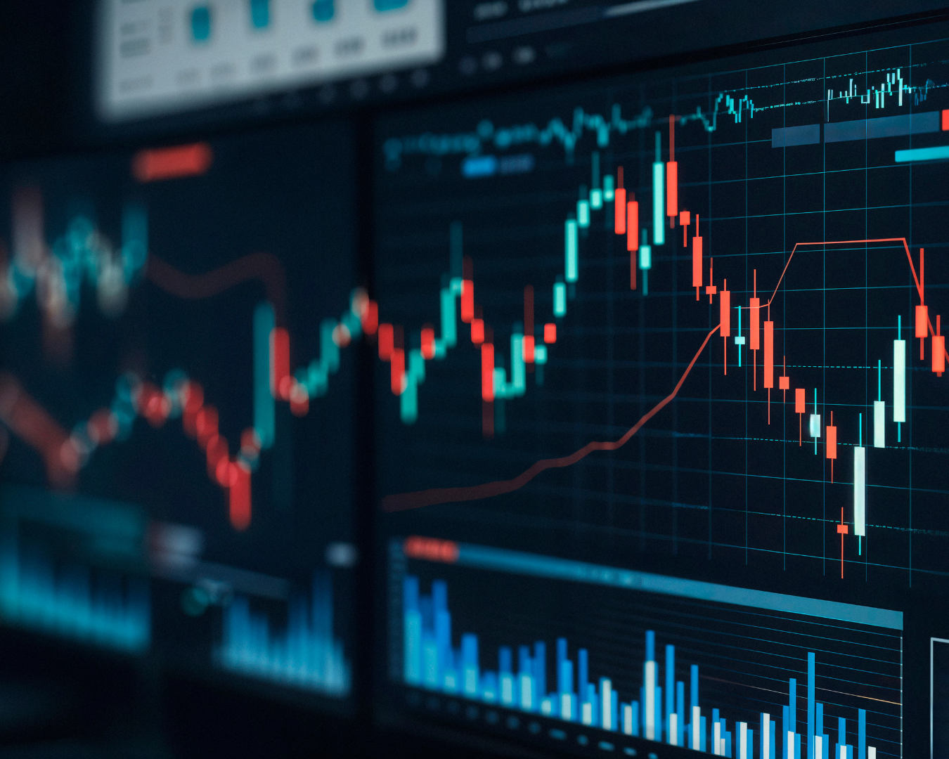 Digital screen showing colorful financial charts, including candlestick patterns and bar graphs for stock market analysis.