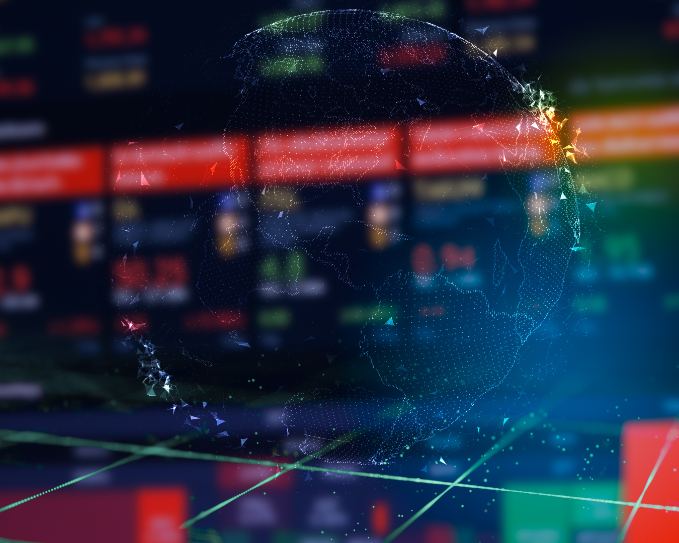 Digital globe composed of glowing dots and triangles overlaid on a blurred background of colorful stock market data.