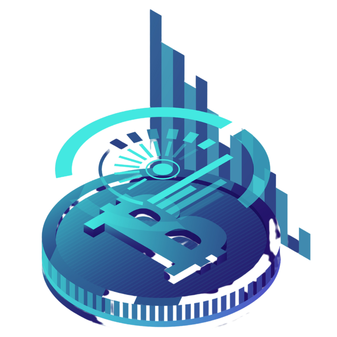 3D illustration of a Bitcoin coin with digital data and analytics elements surrounding it.