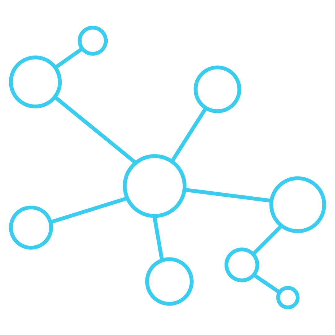 Network diagram of blue connected circles of varying sizes linked by blue lines on a transparent background.