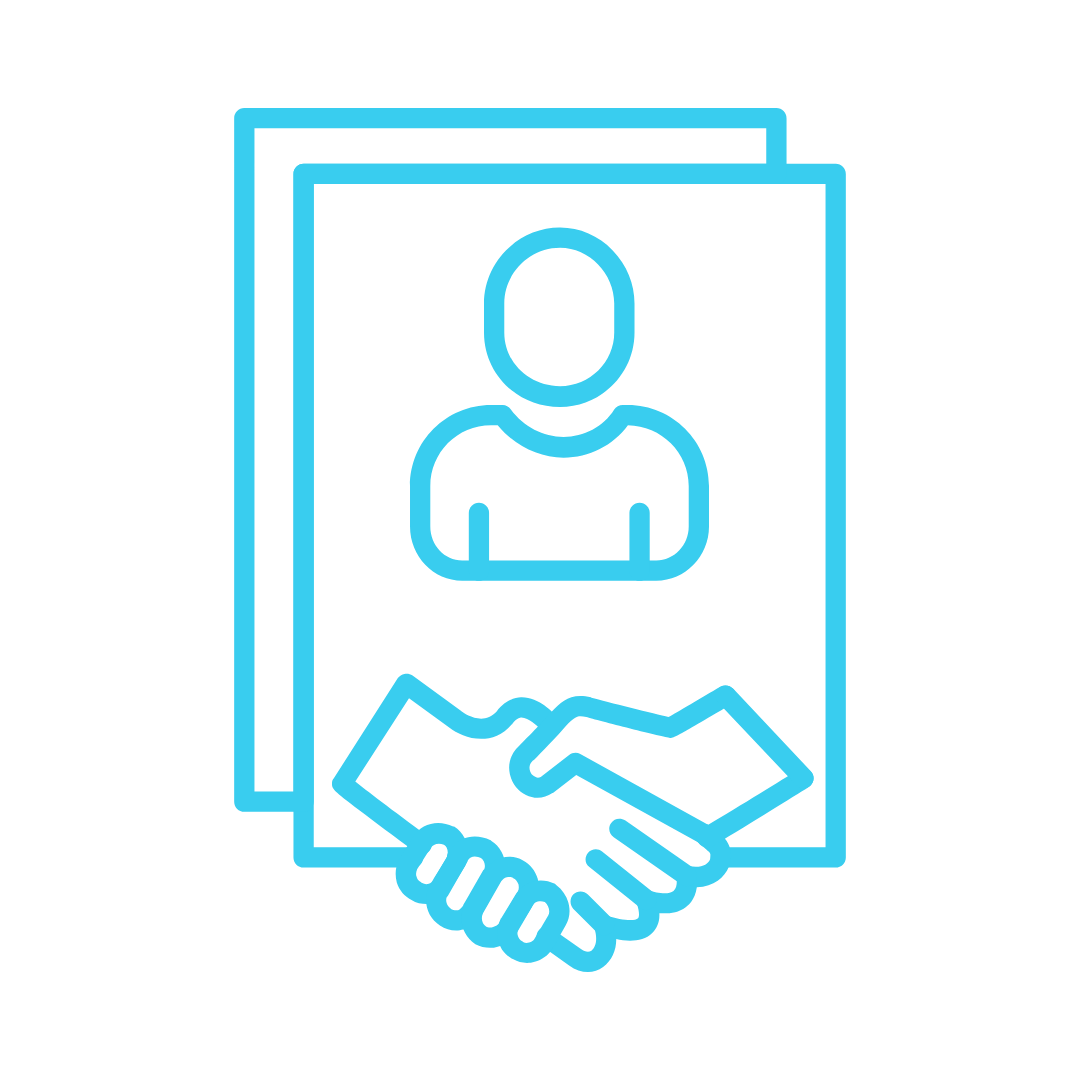 Blue icon of two overlapping user profile cards with a handshake in front symbolizing fast onboarding or agreement.