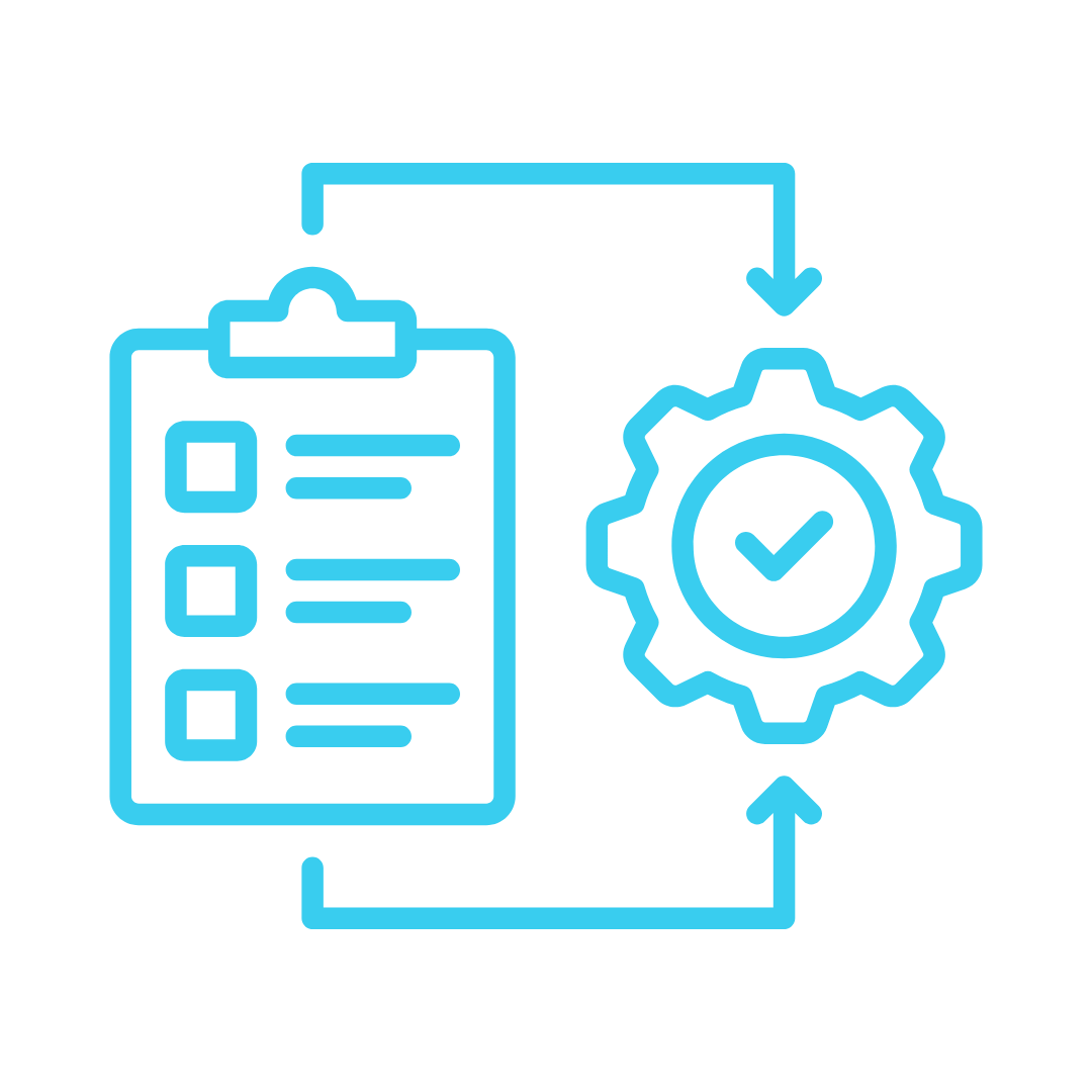 Blue outline icon of a checklist on a clipboard connected by arrows to a gear with a checkmark inside, representing process automation or task completion.