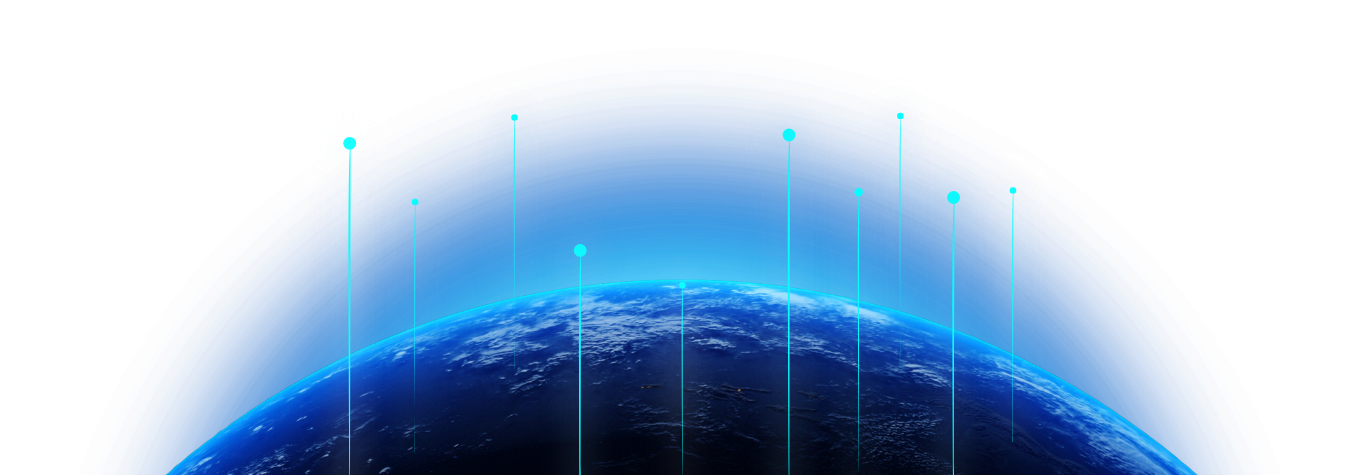 View of Earth from space with glowing blue vertical light beams extending upwards from various points on the surface against a dark background.