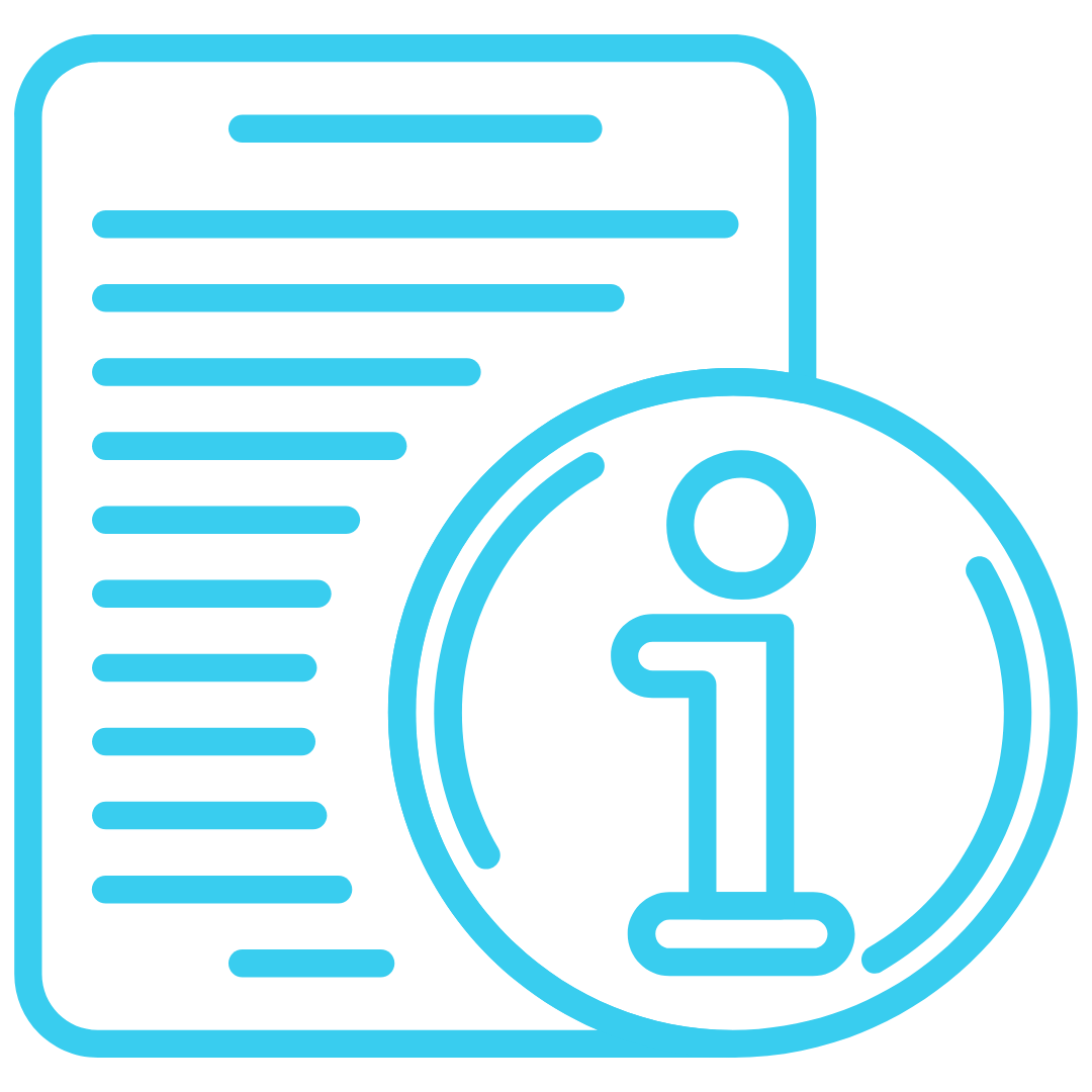 Blue outline icon of a handshake in front of a document with a checkmark box and a gear symbol.