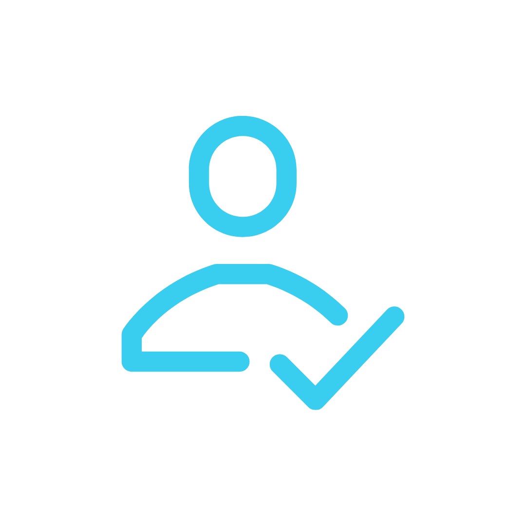 Blue user profile icon with a checkmark inside a rounded square border.