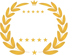 Golden laurel wreath with crown and stars arranged inside the circle.