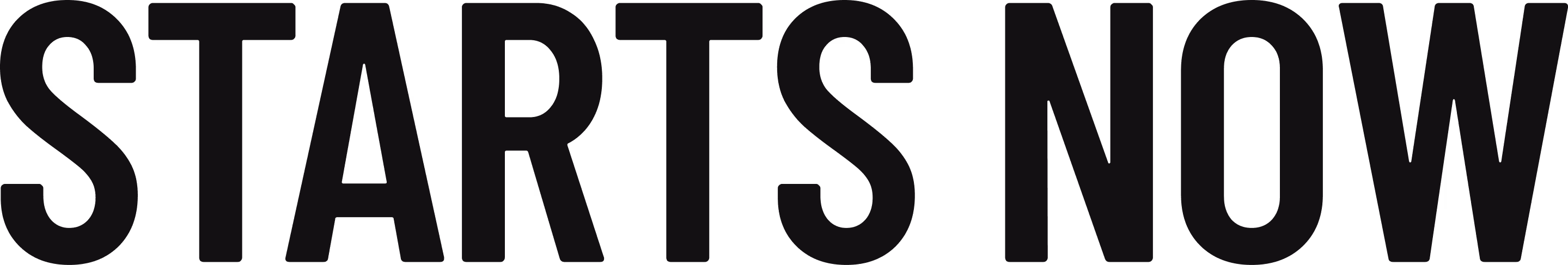 Bold black text reading 'STARTS NOW' on a white background.