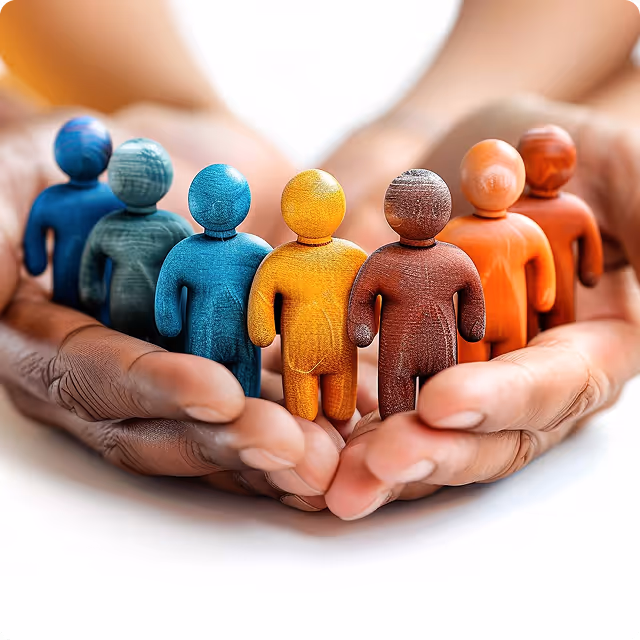 Close-up of hands gently holding a row of colorful wooden human figures representing diversity and unity.