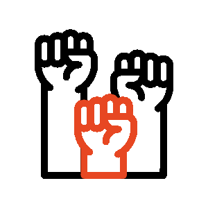 Red outline illustration of a raised clenched fist symbolizing strength and solidarity.