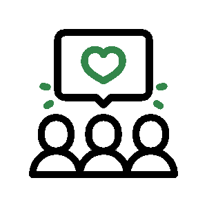 Green heart icon with two curved lines and dots on each side, symbolizing community and care.