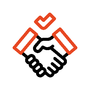 Animated red handshake icon with two hands clasping on a black background.