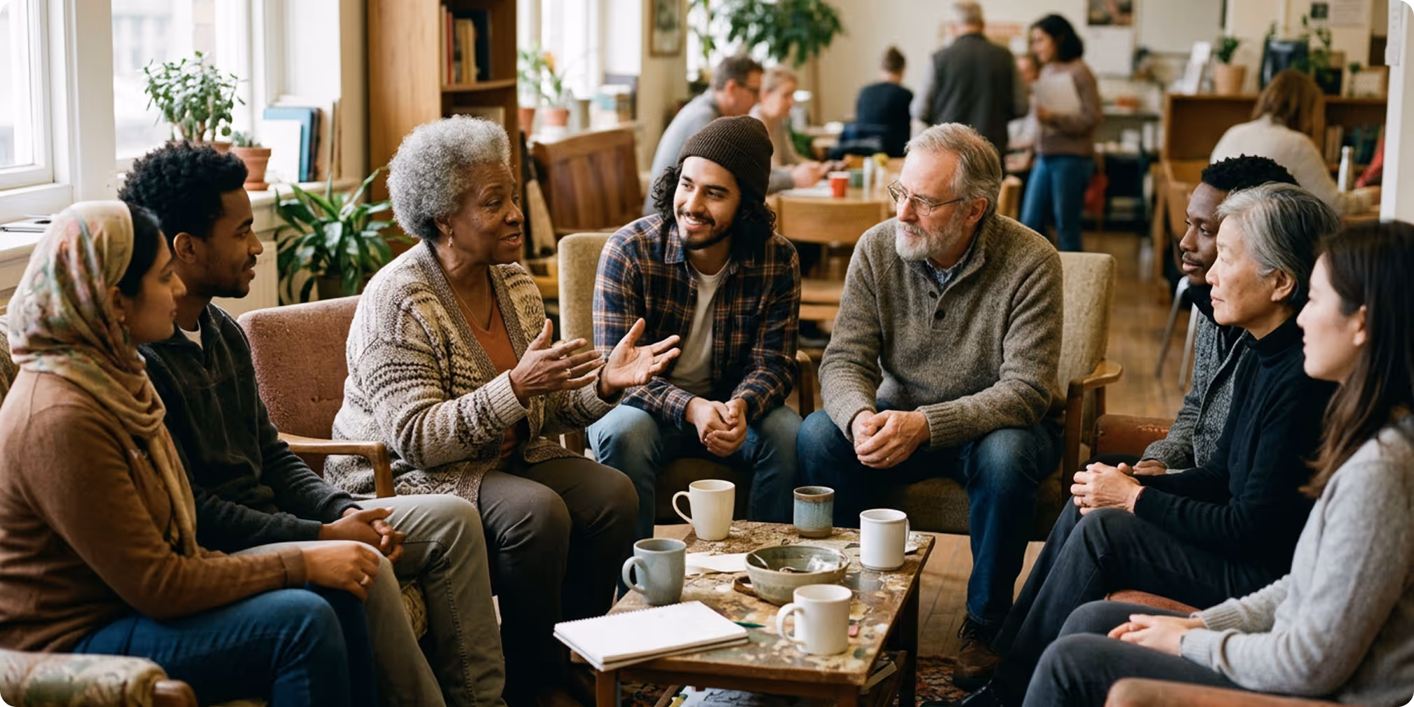 A diverse group of seven adults engaged in a discussion while seated around a table indoors with coffee mugs and notebooks.