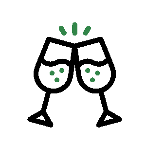Animated illustration of a wine glass with rising bubbles and green decorative lines above it.