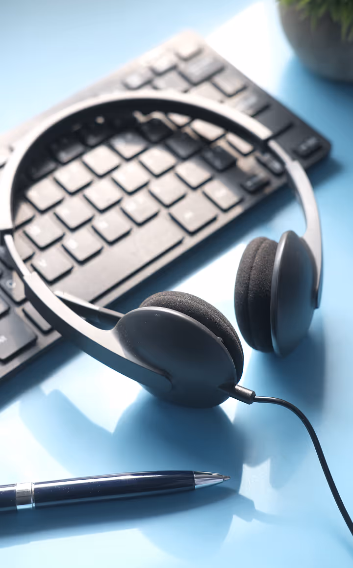 Black wired headset resting on a light blue surface next to a black keyboard and a pen.