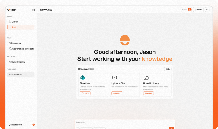 Aether chat interface welcoming user Jason with options to connect SharePoint, upload files in chat, and upload to library, featuring a sidebar with Library, Chat, Projects, and user chats.