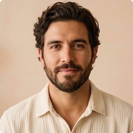 Smiling man with dark wavy hair and beard wearing a beige collared shirt against a light brown background.