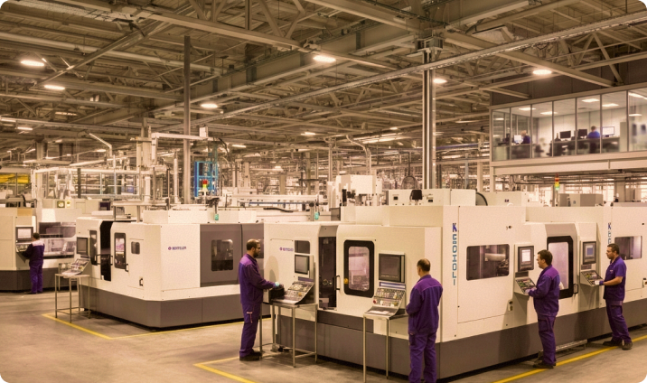 Workers in purple uniforms operating large industrial machines inside a spacious, well-lit factory.