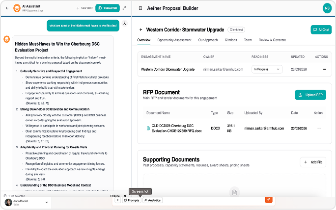 Screenshot of an AI assistant interface showing a document titled 'Hidden Must-Haves to Win the Cherbourg DSC Evaluation Project' on the left and an Aether Proposal Builder dashboard with a Western Corridor Stormwater Upgrade RFP document on the right.
