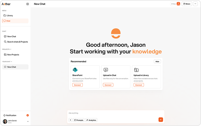 Aether AI interface displaying a welcome message to Jason with options to connect SharePoint, upload files in chat, or upload to library, plus a chat input area.