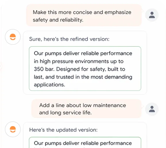 Chat conversation refining product description to emphasize safety, reliability, low maintenance, and long service life for high-pressure pumps up to 350 bar.