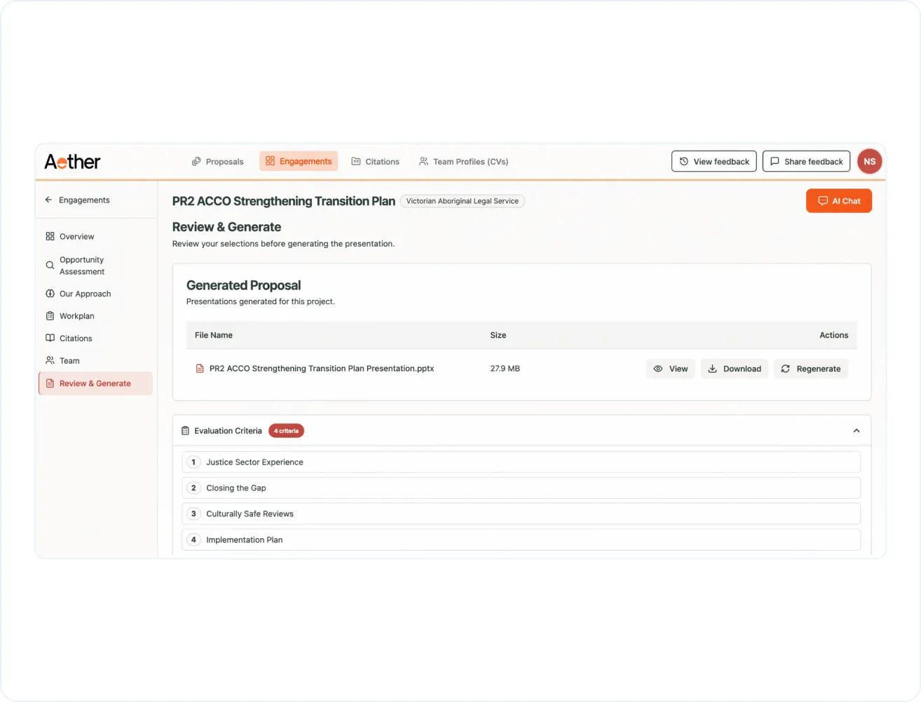 Aether software interface showing the 'Review & Generate' section for the PR2 ACCO Strengthening Transition Plan, including options to view, download, or regenerate a PowerPoint presentation file and a list of evaluation criteria.