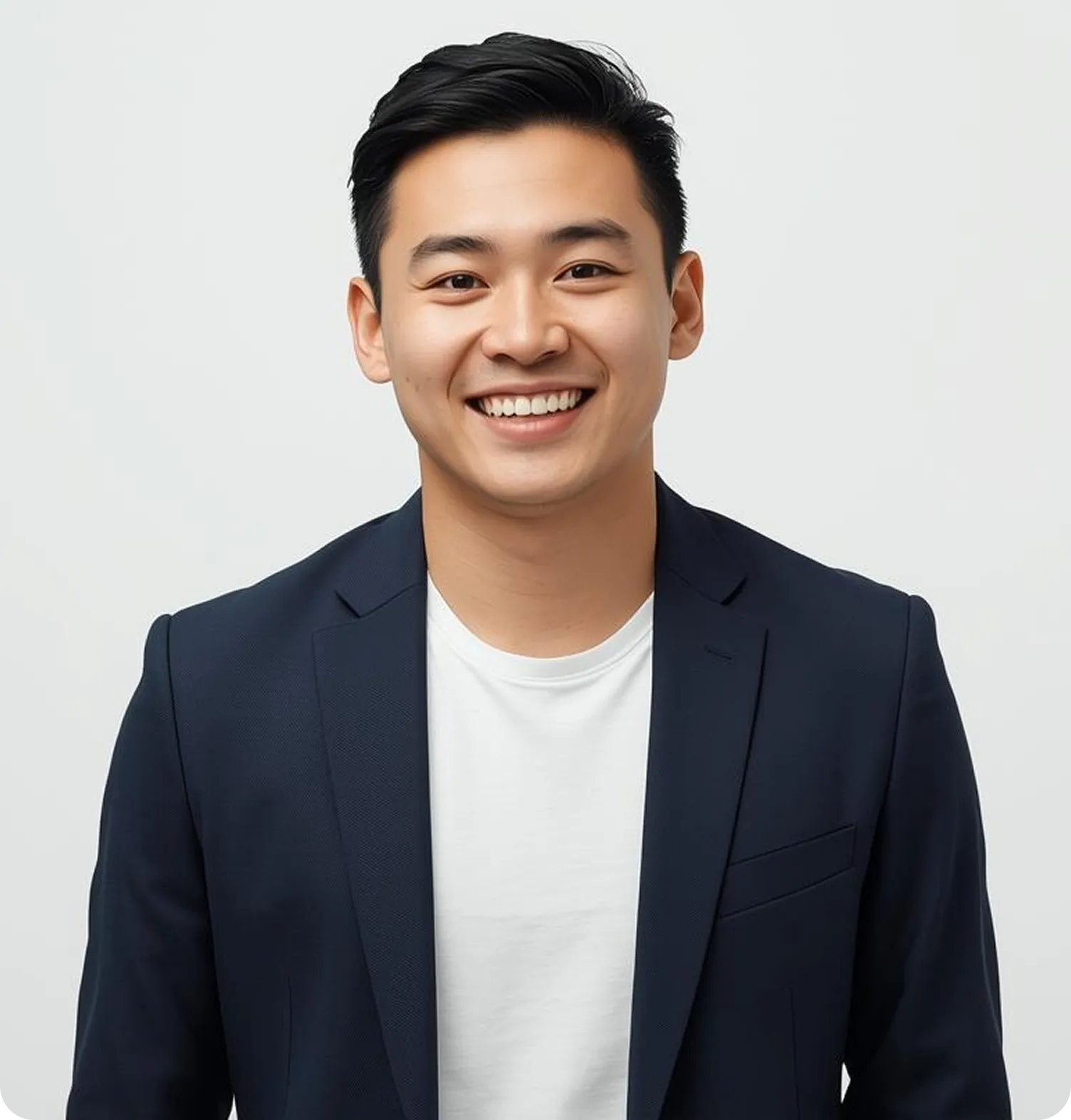 Smiling young Asian man wearing a navy blazer and white t-shirt against a light gray background.