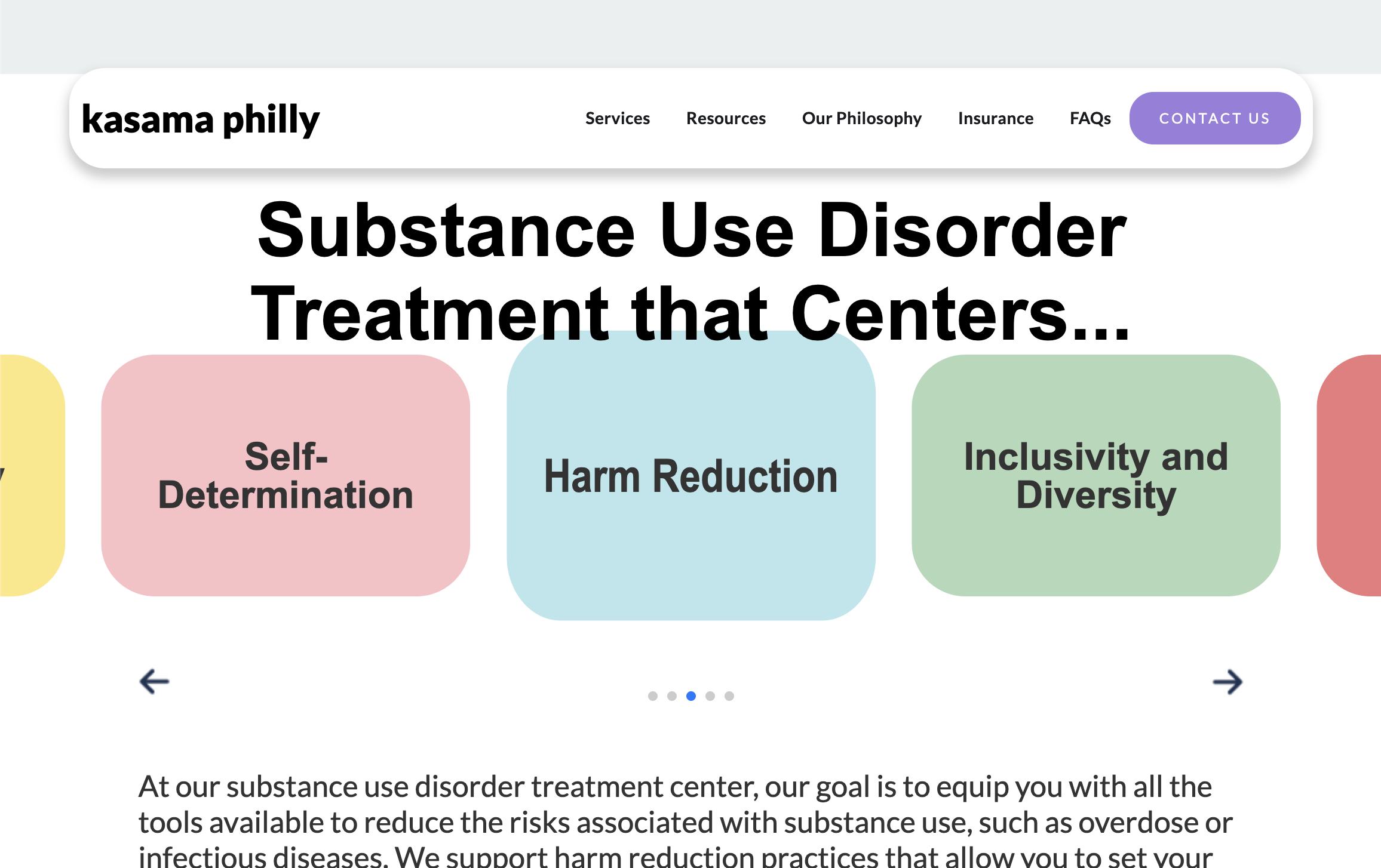 Kasama Philly homepage values section showing the five pillars of treatment as headline content