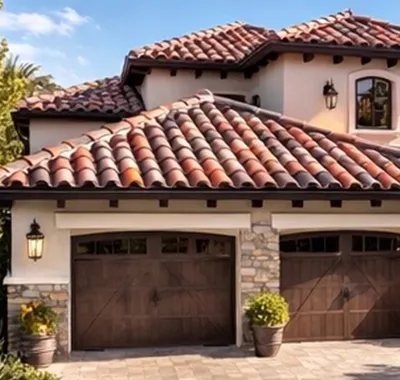 Clay tile roofing system on home garage in Los Angeles by professional roofers
