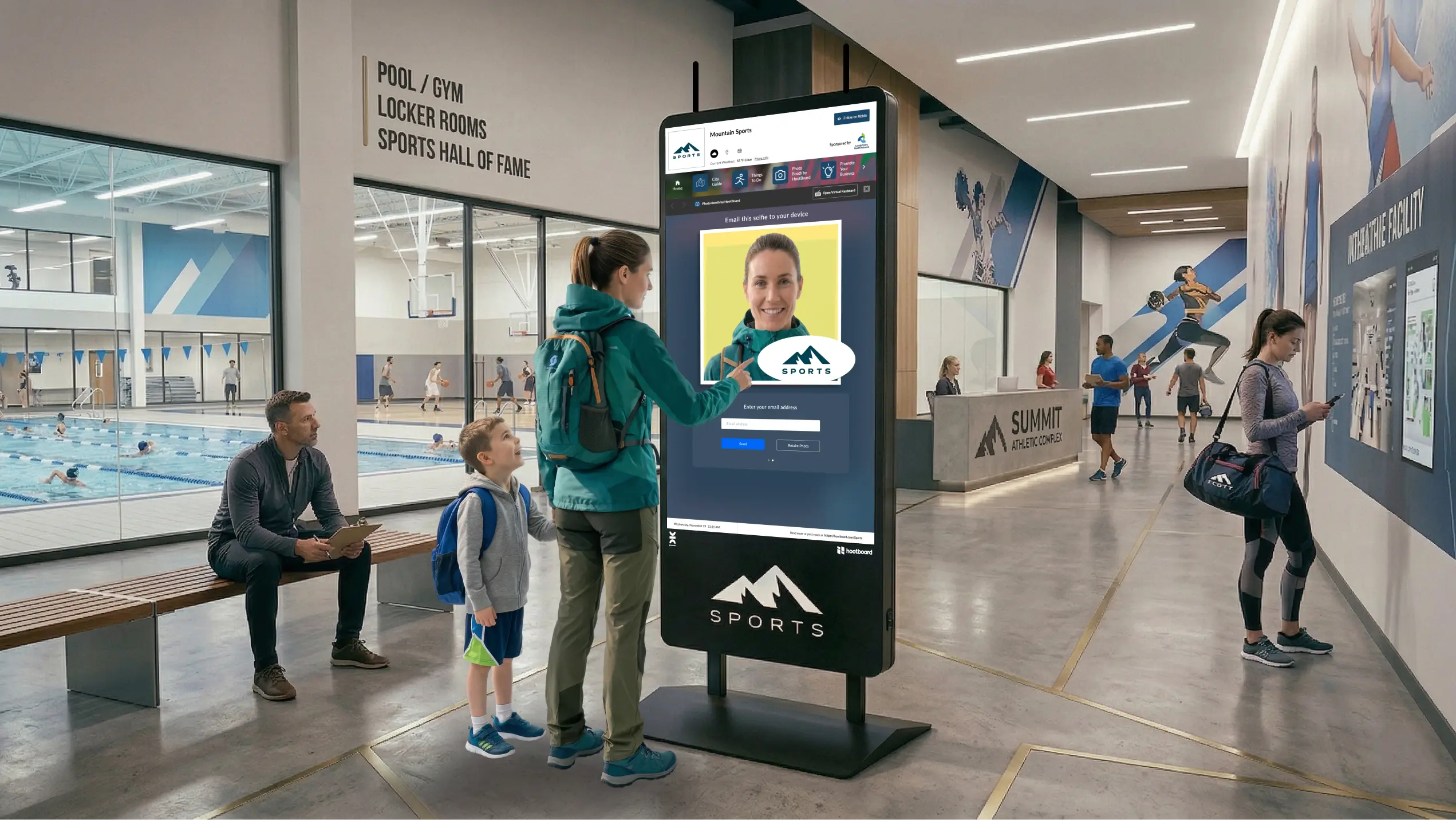 Athletes taking selfies at a Grassroots Media kiosk