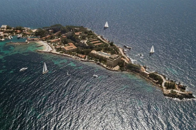 Aerial view of Île de Bendor and its harbour with sailboats in the Mediterranean off Bandol, France