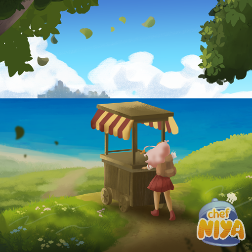 Three villager kids running down the hill with a beautiful view of a mountain village overlooking the ocean